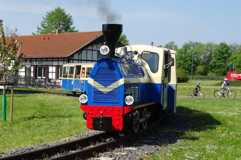 niebieska lokomotywa przy stacji maltanka