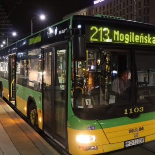 Autobusy linii nocnej 213 oraz inne stojące na pasie tramwajowo-autobusowym